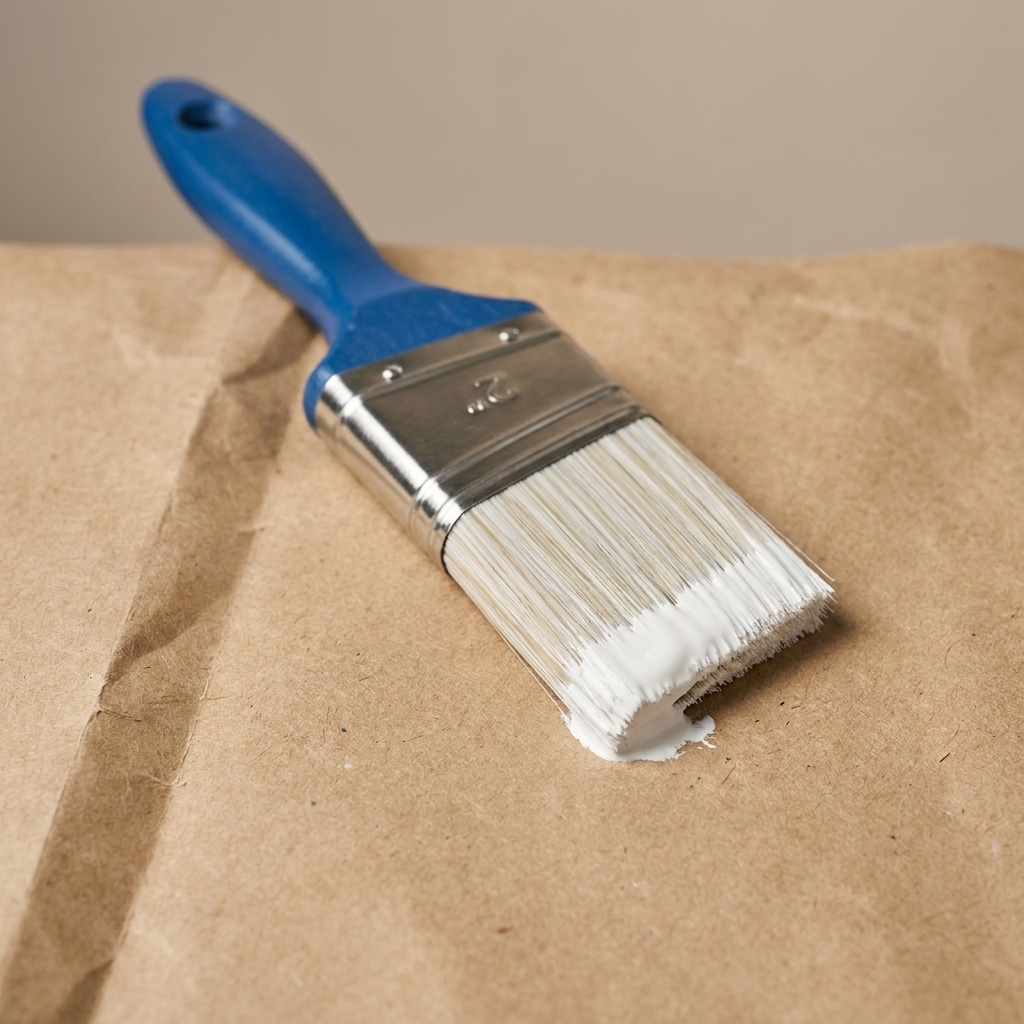 A 2-inch angled sash synthetic paint brush resting on kraft paper with a small amount of white cabinet paint on the bristles