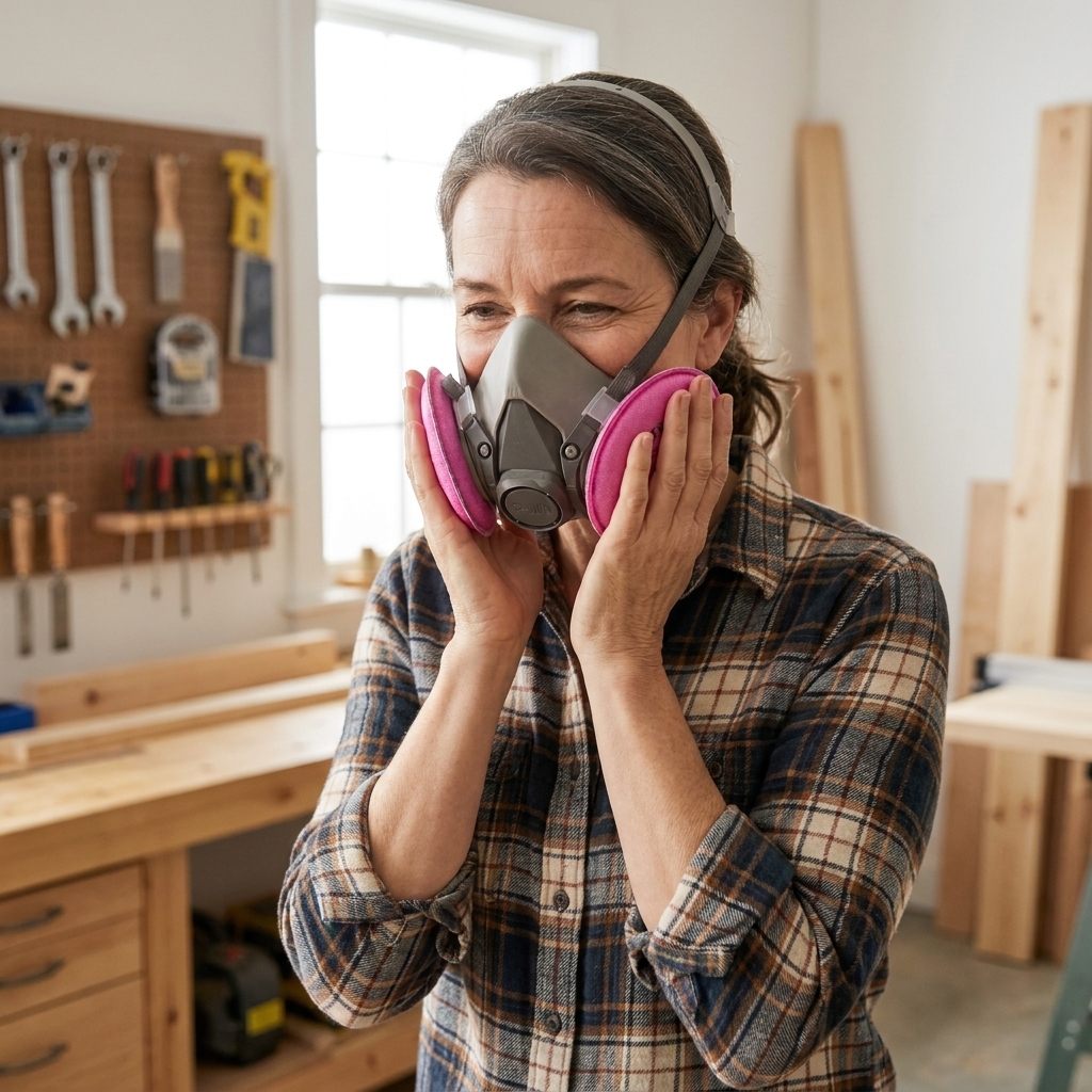 A DIY homeowner wearing a half-face respirator and pressing both hands over the filters to perform a seal check in a well-lit workshop