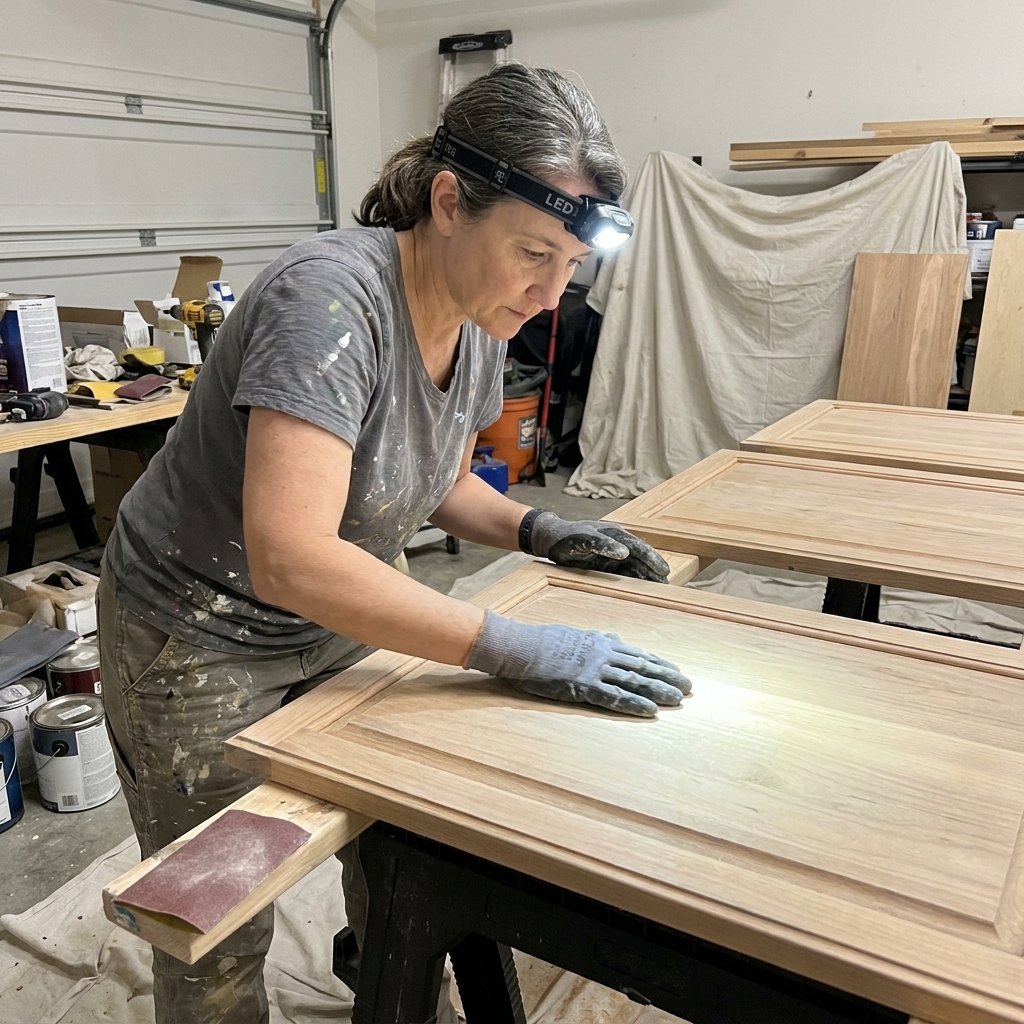 A DIY painter wearing a headlamp while inspecting sanded cabinet doors laid on sawhorses in a garage workspace