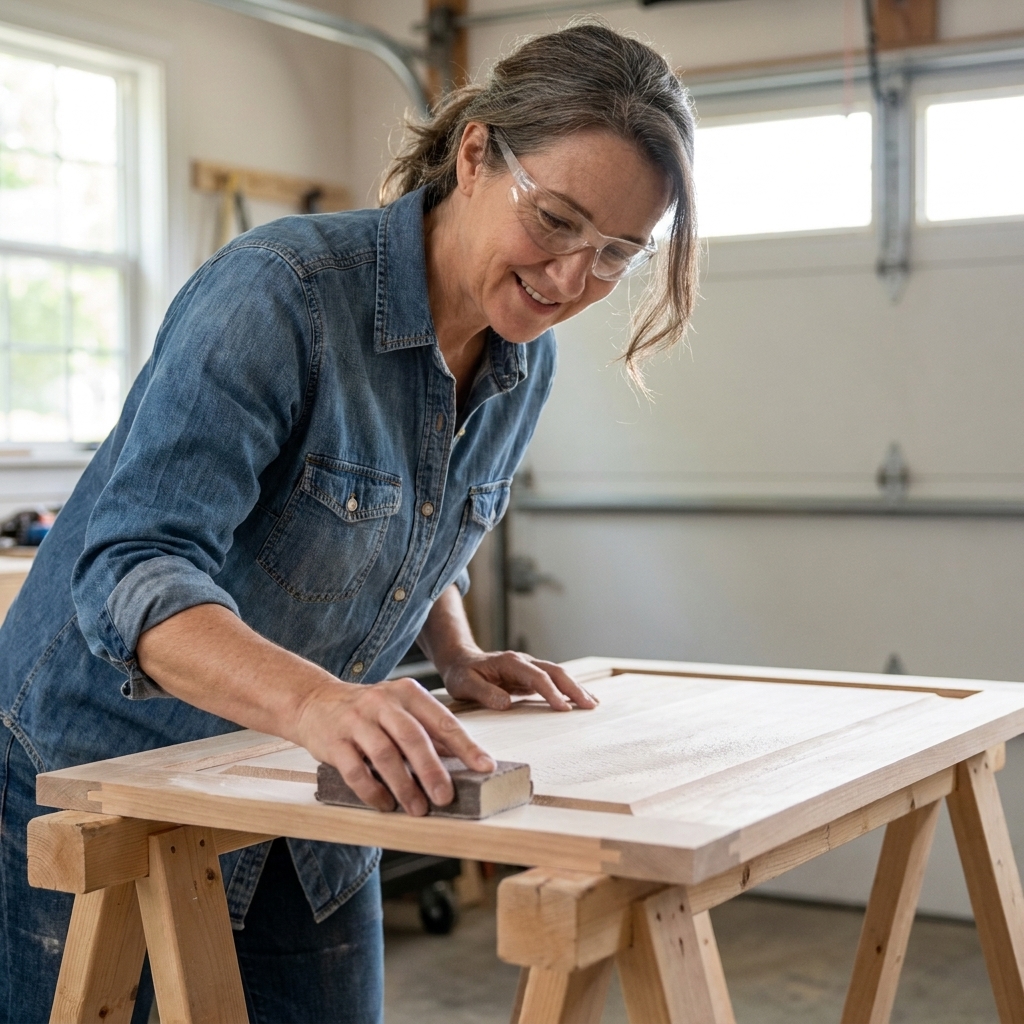 A DIYer sanding a cabinet door flat on sawhorses with a sanding block, fine dust visible on the surface