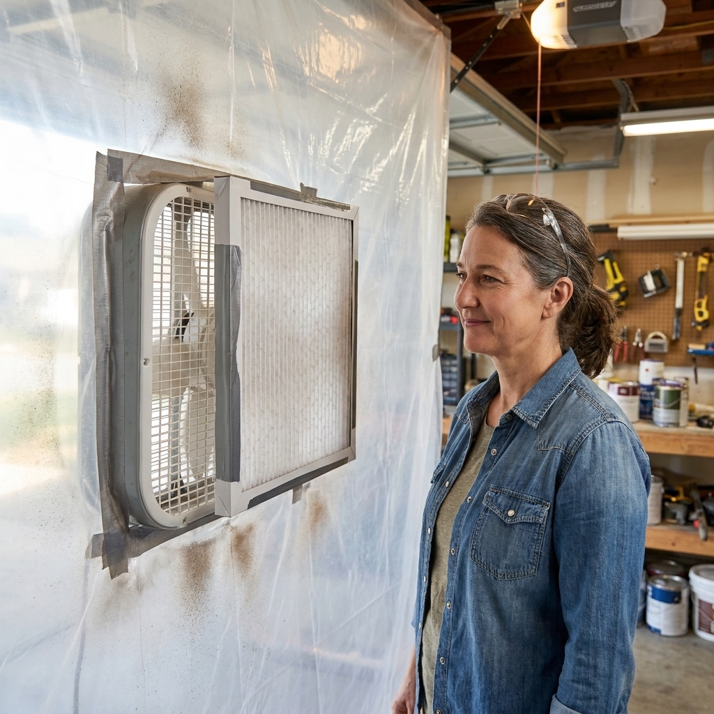 A box fan mounted to a plastic booth wall with a square furnace filter attached, creating airflow to pull overspray out of a DIY garage spray booth