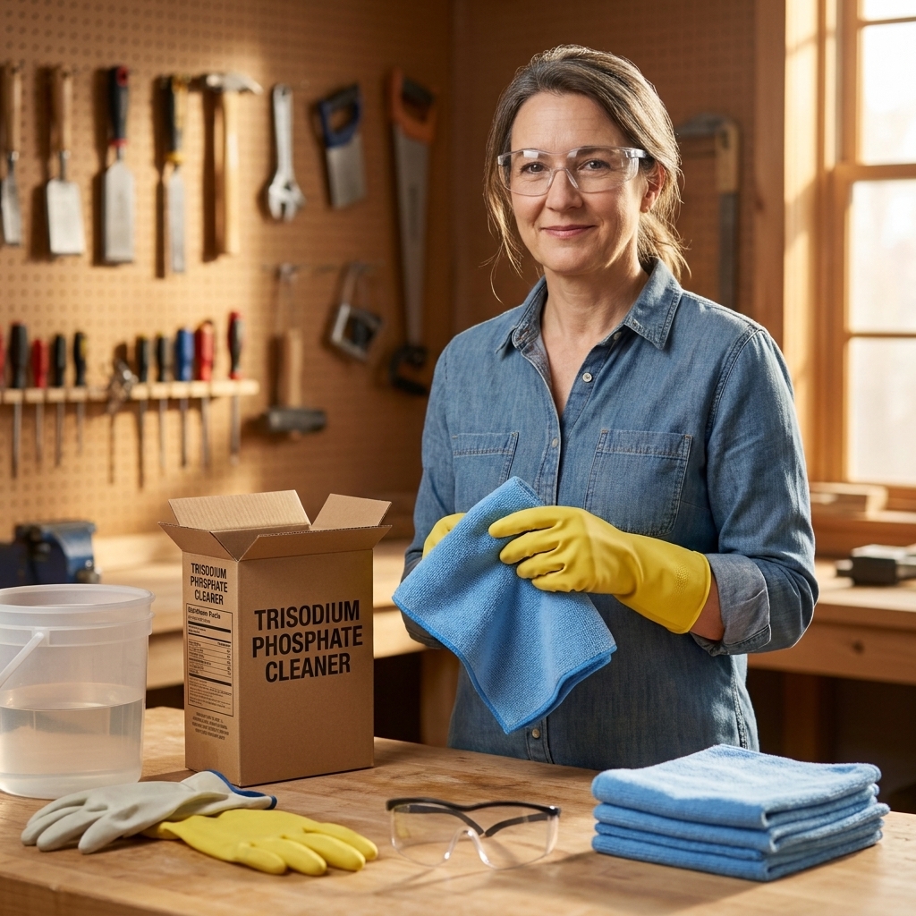 A box of trisodium phosphate cleaner on a workbench next to a bucket, rubber gloves, safety glasses, and clean microfiber cloths
