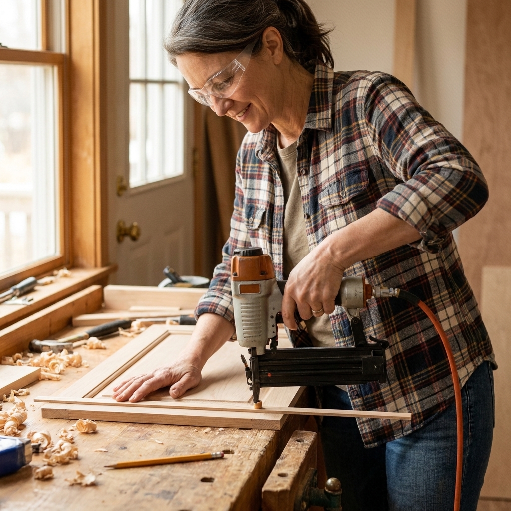 A brad nailer being used to fasten thin trim onto a flat cabinet door resting on a workbench