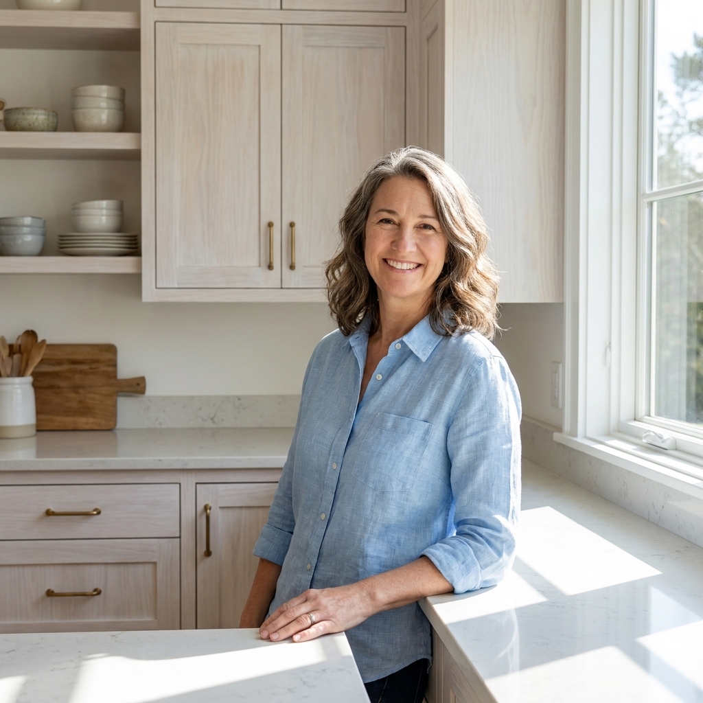 A bright coastal-style kitchen with lightly whitewashed wood cabinets, simple hardware, and sunlight reflecting off pale countertops