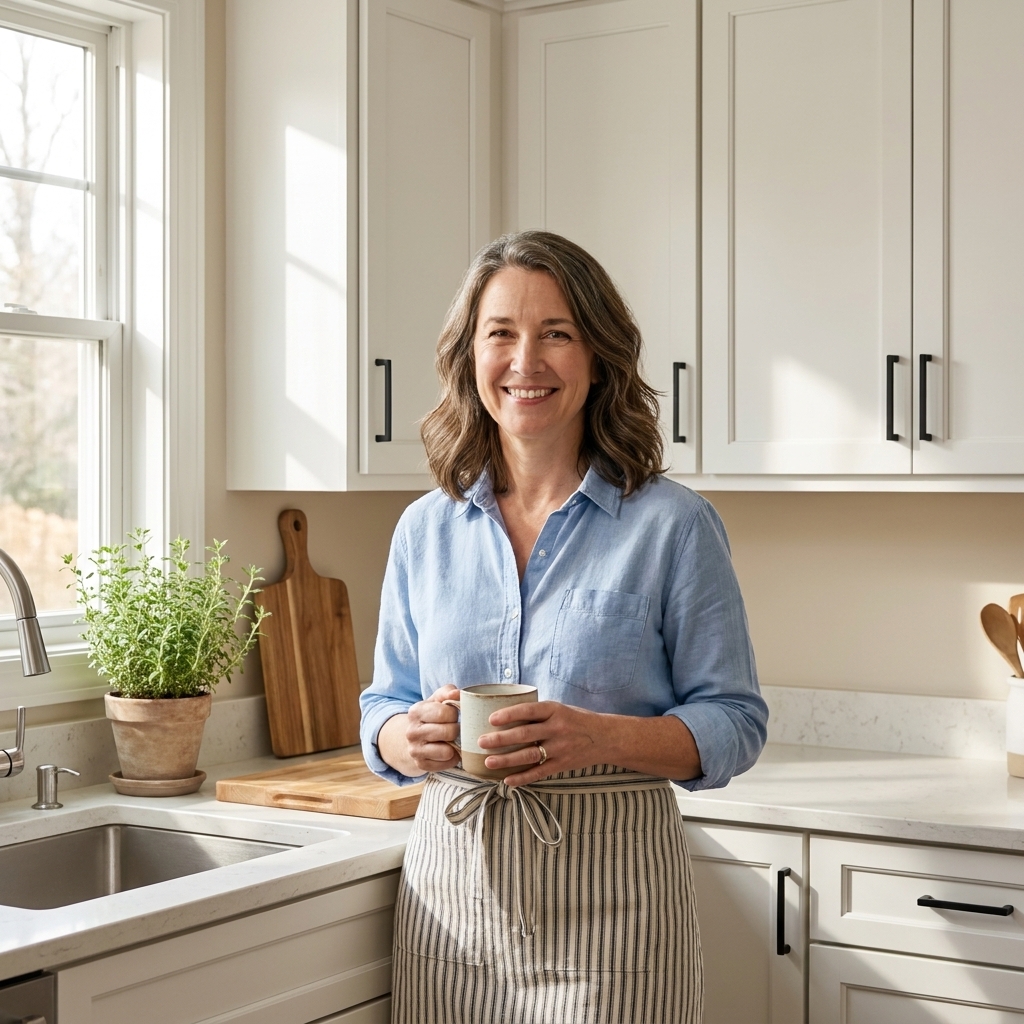 A bright kitchen with freshly painted white shaker-style cabinet doors and simple modern pulls, natural light coming through a window