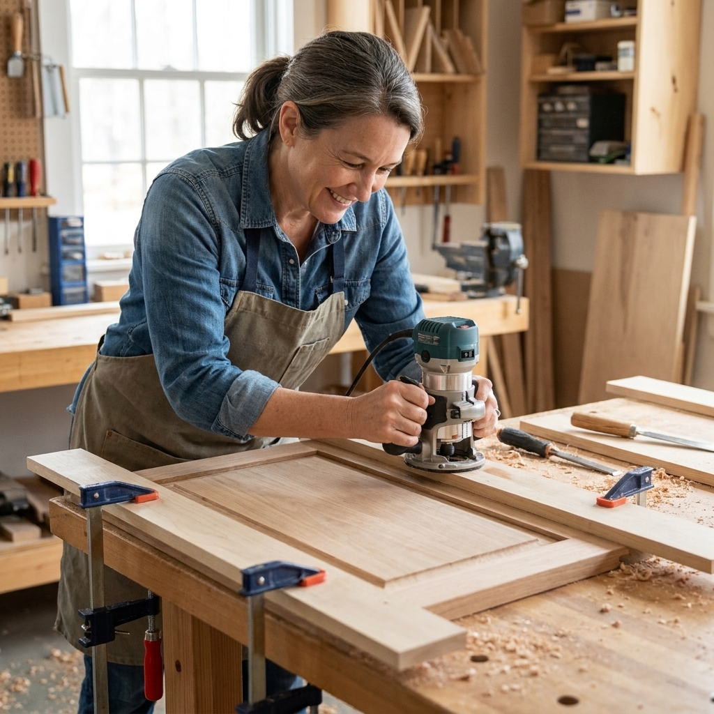 A cabinet door clamped to a workbench with two straight boards clamped as router guides forming a clean rectangle
