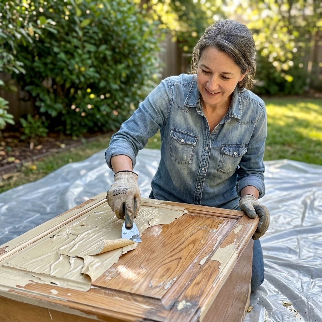 A cabinet door coated in thick gel paint stripper with softened paint wrinkling on the surface, set on plastic sheeting outdoors