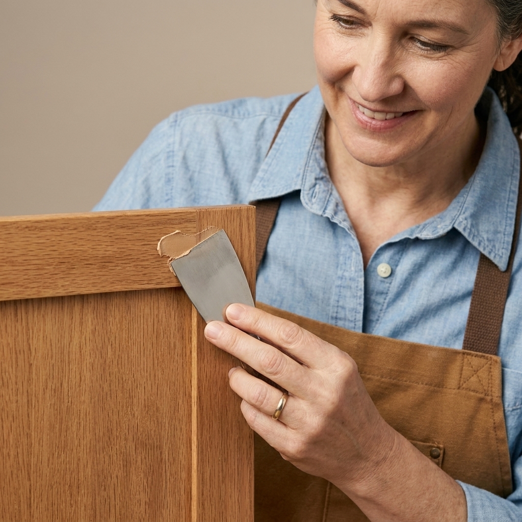 A cabinet door corner with a small smear of wood filler being smoothed flat with a flexible putty knife