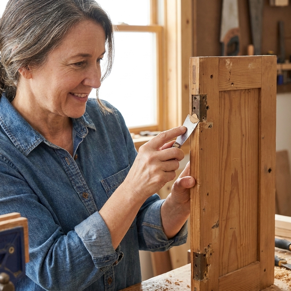A cabinet door edge with an old hinge mortise being filled with wood filler using a putty knife