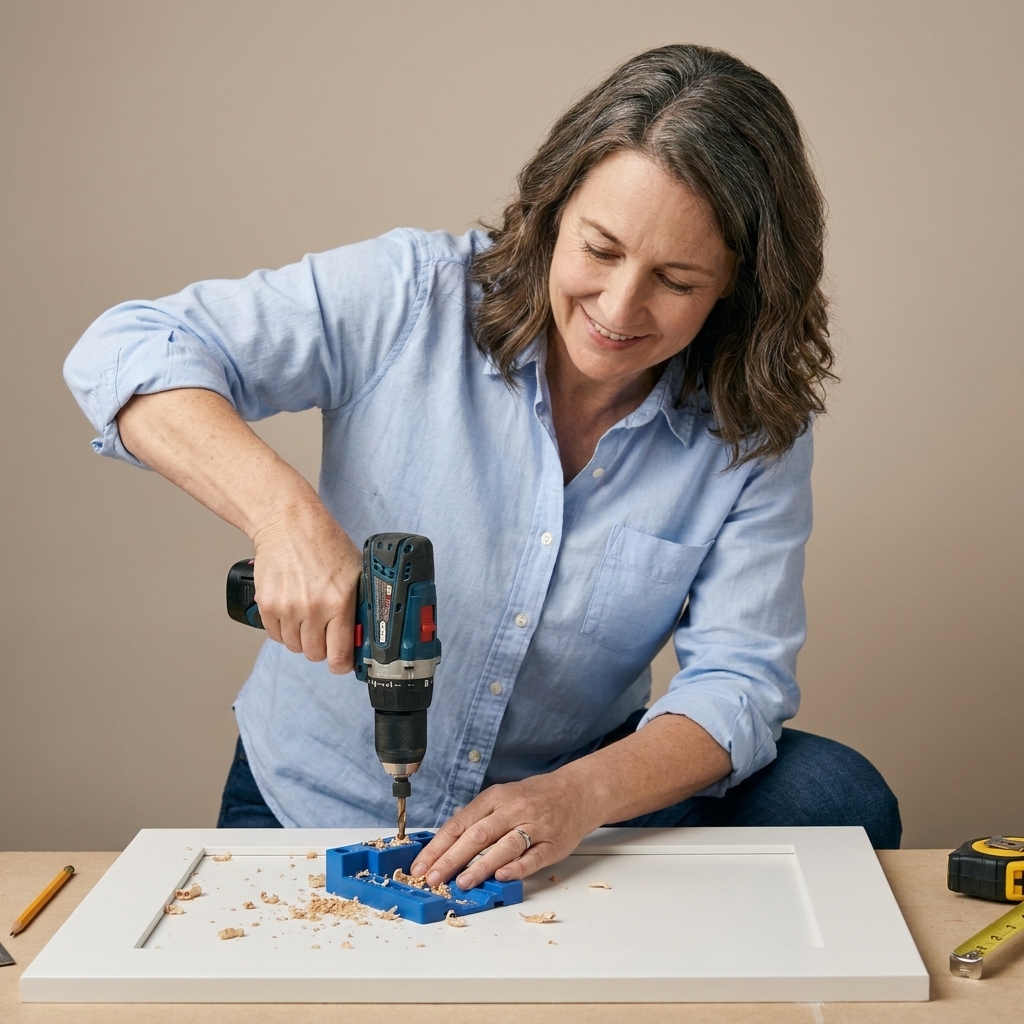 A cabinet door laid flat while a hardware jig is used to drill new holes for a bar pull