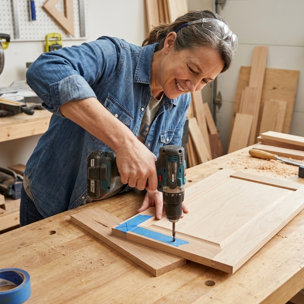 A cabinet door lying flat on a workbench with painter's tape at the corner and a scrap wood backer board positioned underneath where a hole will be drilled