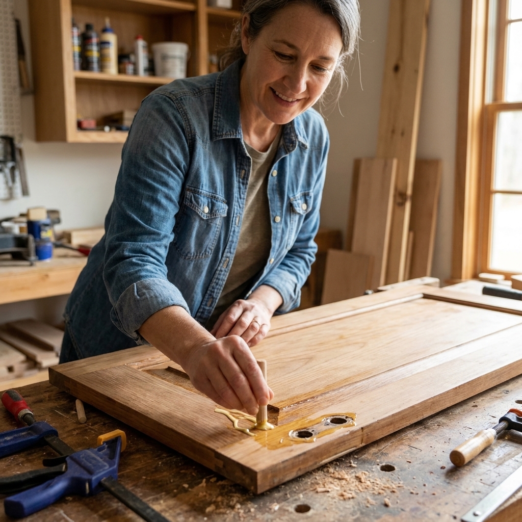 A cabinet door on a workbench with a wooden dowel inserted into an old hardware hole, wood glue visible around the edge before wiping