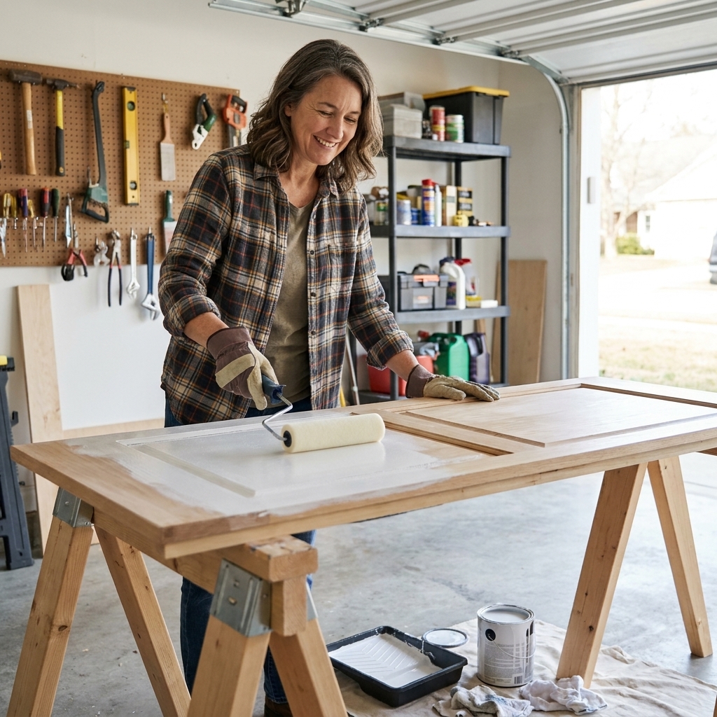 A cabinet door resting on sawhorses in a garage while oil-based primer is being applied with a high-density foam roller
