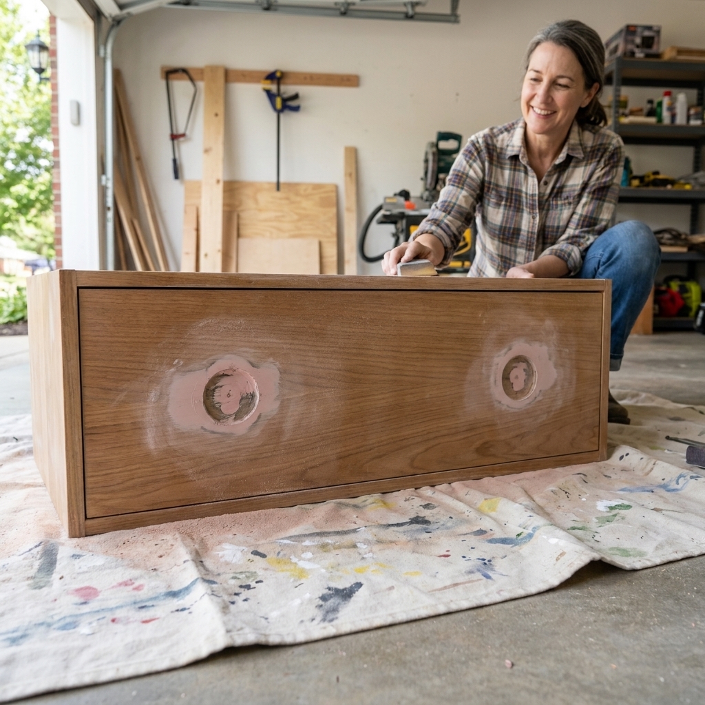 A cabinet drawer front with two old handle holes filled smooth with Bondo and lightly sanded, sitting on a drop cloth in a garage