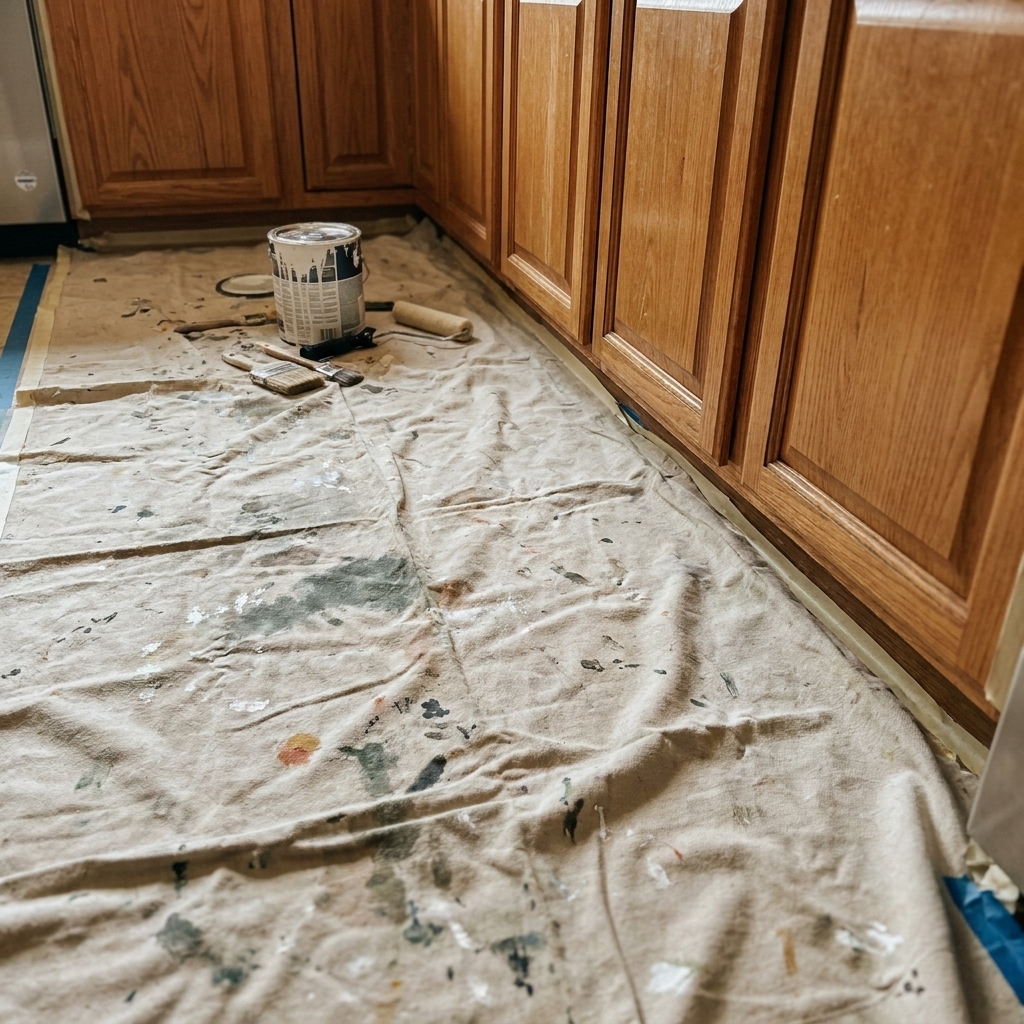 A canvas drop cloth spread across a kitchen floor with the edges tucked near base cabinets, showing a realistic setup for cabinet painting prep