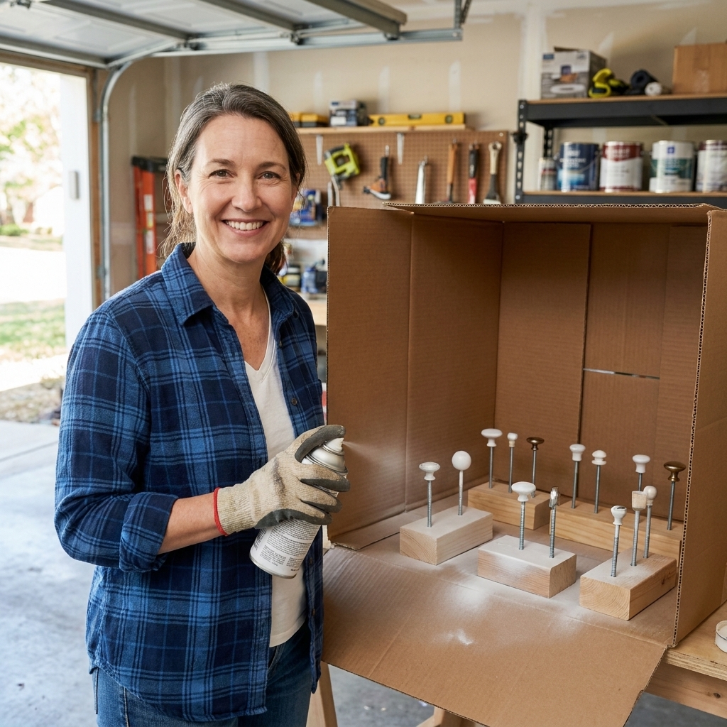 A cardboard spray station set up in a garage with cabinet knobs elevated on small screws for easier spray painting