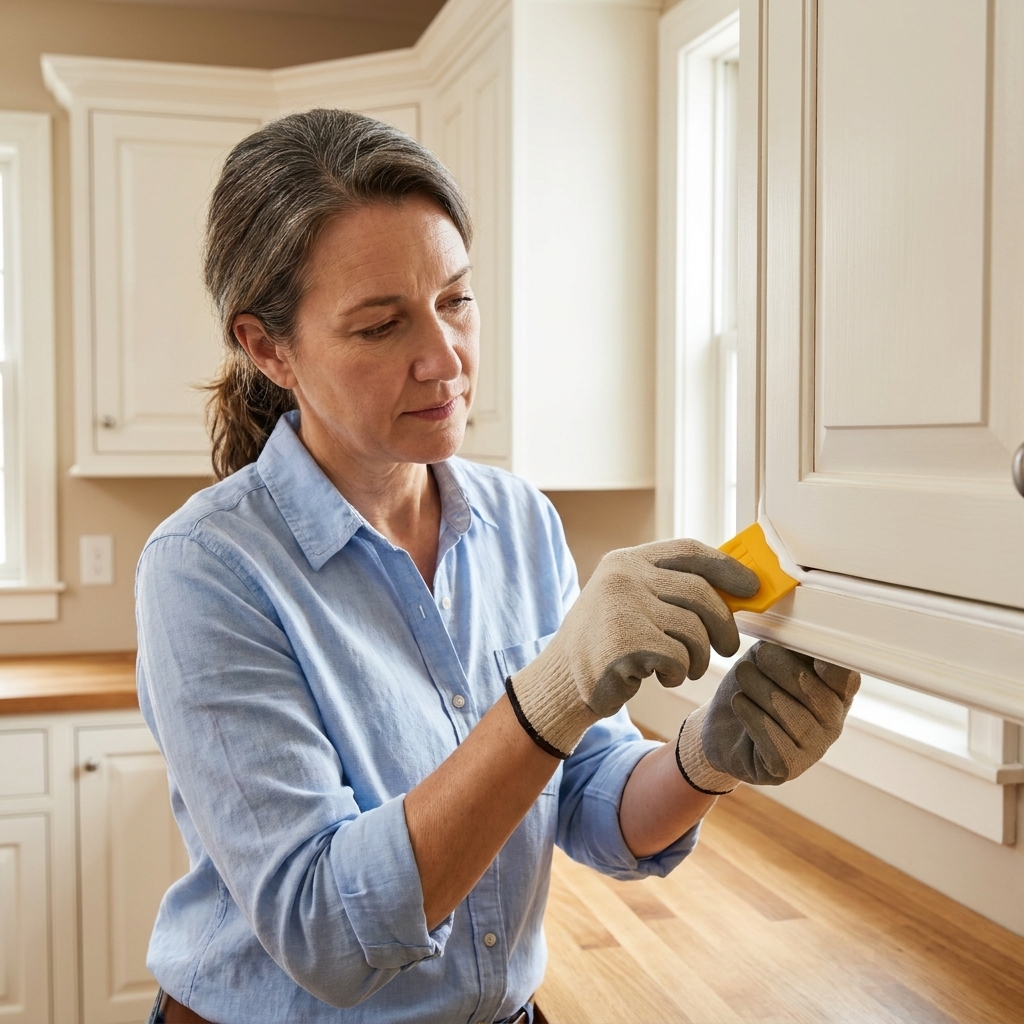 A caulk finishing tool smoothing a fresh bead along painted trim on a kitchen cabinet