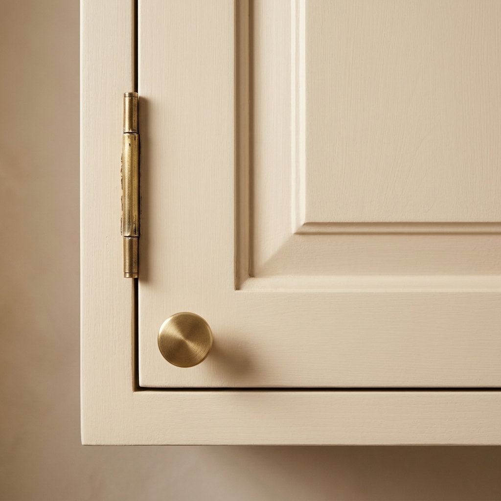 A close photo of a painted kitchen cabinet door with an exposed hinge and a simple metal knob, showing the hinge finish clearly