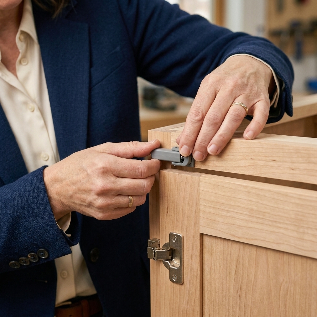 A close-up action photo of a hand holding a soft-close damper against the inside top corner of a face frame cabinet while the door is partially closed to check alignment