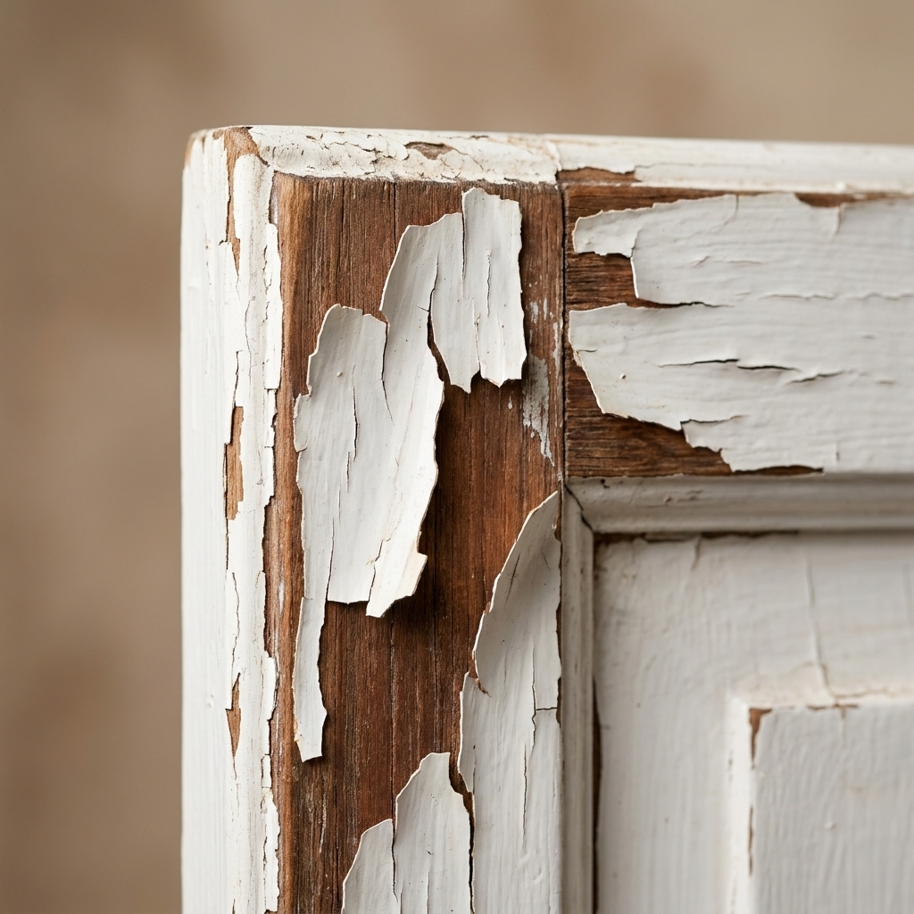 A close-up of a cabinet door corner where paint is peeling back in thin flakes, revealing a darker surface underneath