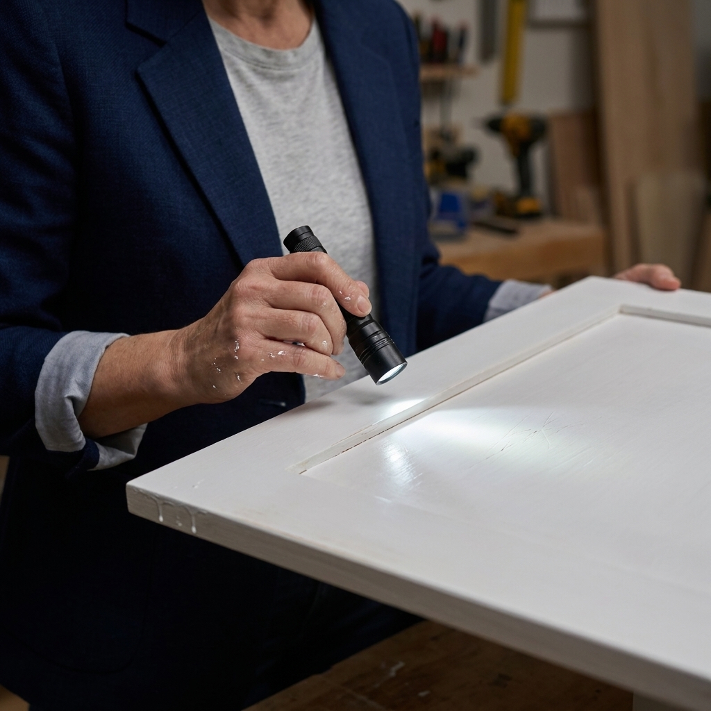 A close-up of a hand holding a flashlight low to the surface while inspecting a freshly primed cabinet door for drips and sanding scratches