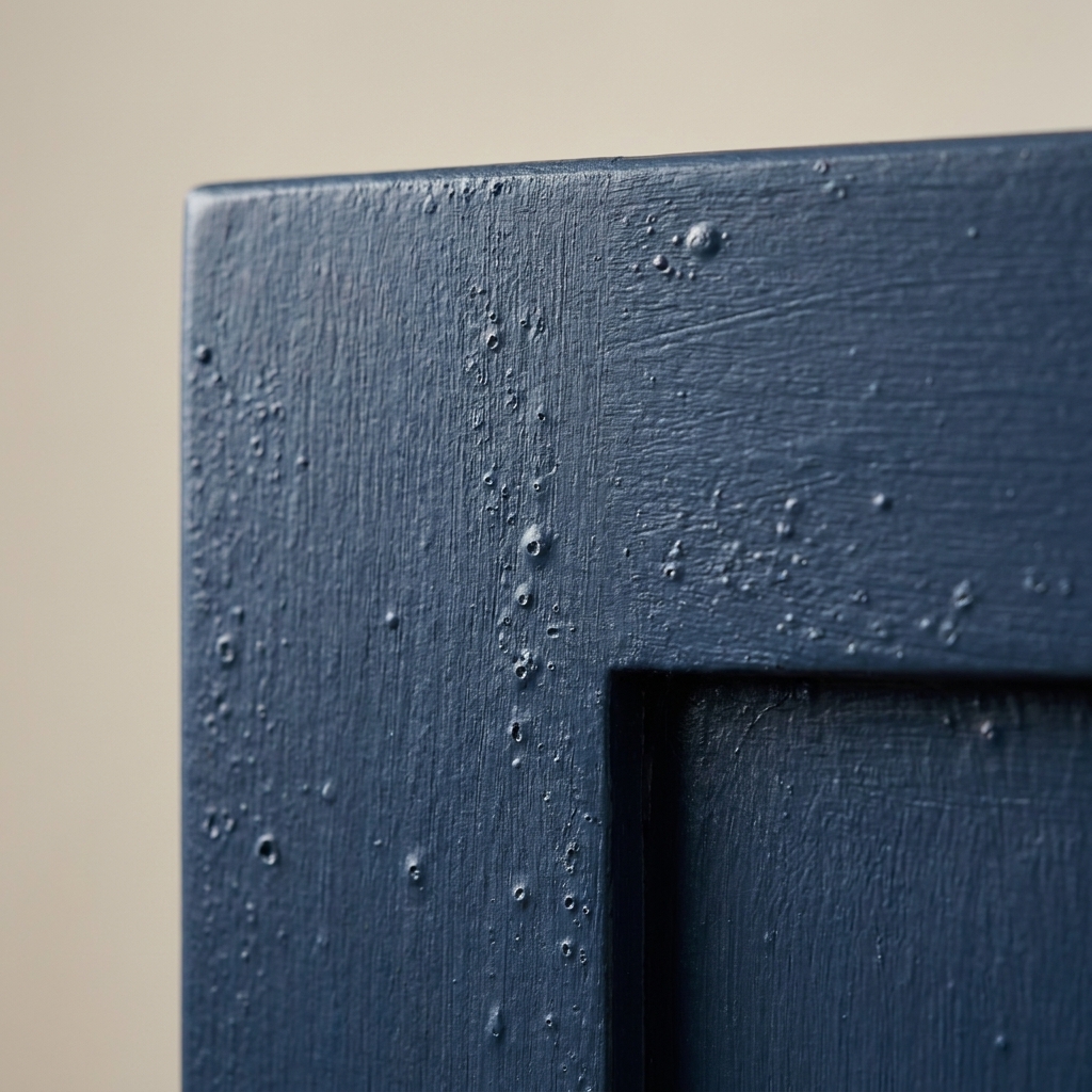 A close-up of a painted cabinet door surface with multiple small paint bubbles and a slightly rough texture