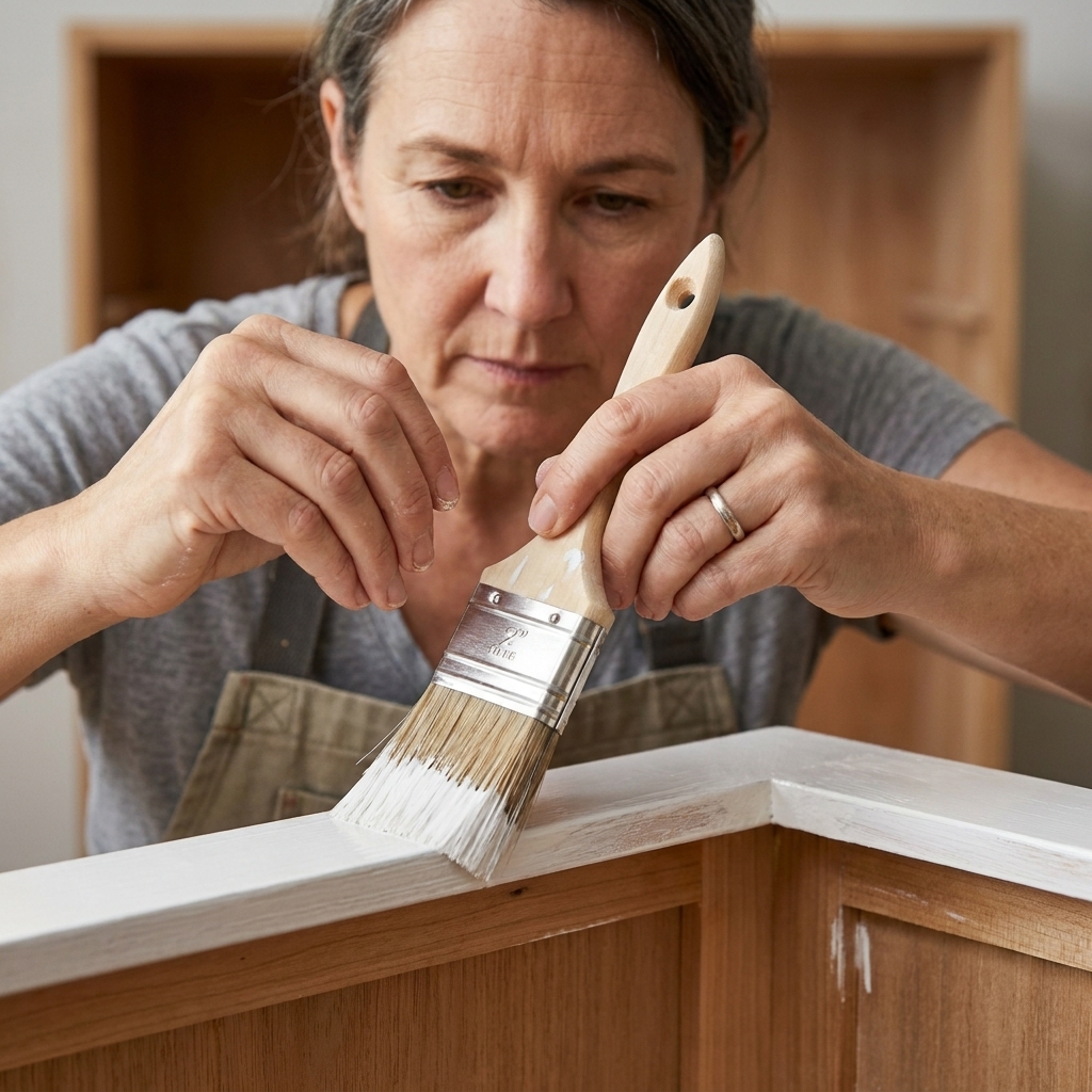A close-up of an angled sash brush painting the inside corner of a cabinet frame, with fresh paint being lightly smoothed out