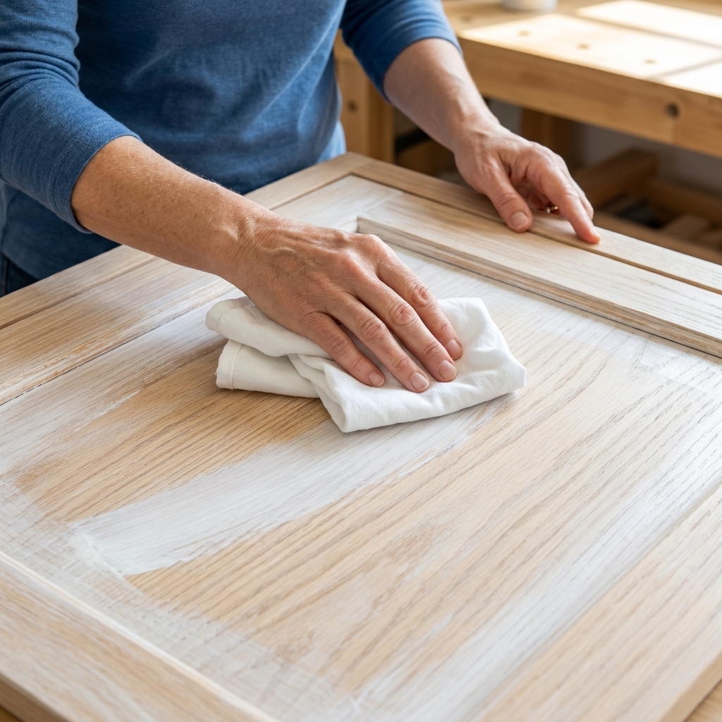 A close-up of hands wiping a thin whitewash coat off a wood cabinet door with a clean cloth, wood grain still visible