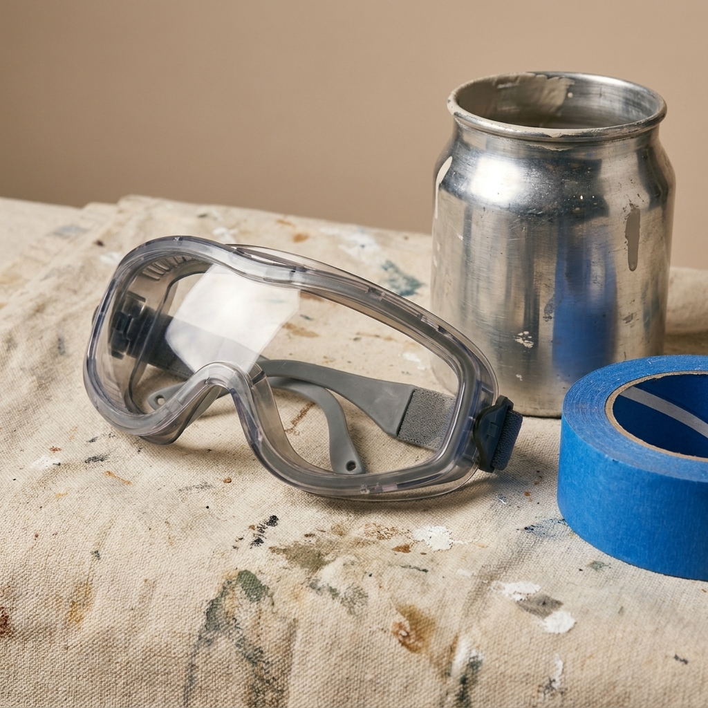 A close-up of sealed indirect-vent safety goggles resting on a drop cloth next to a paint sprayer cup and masking tape