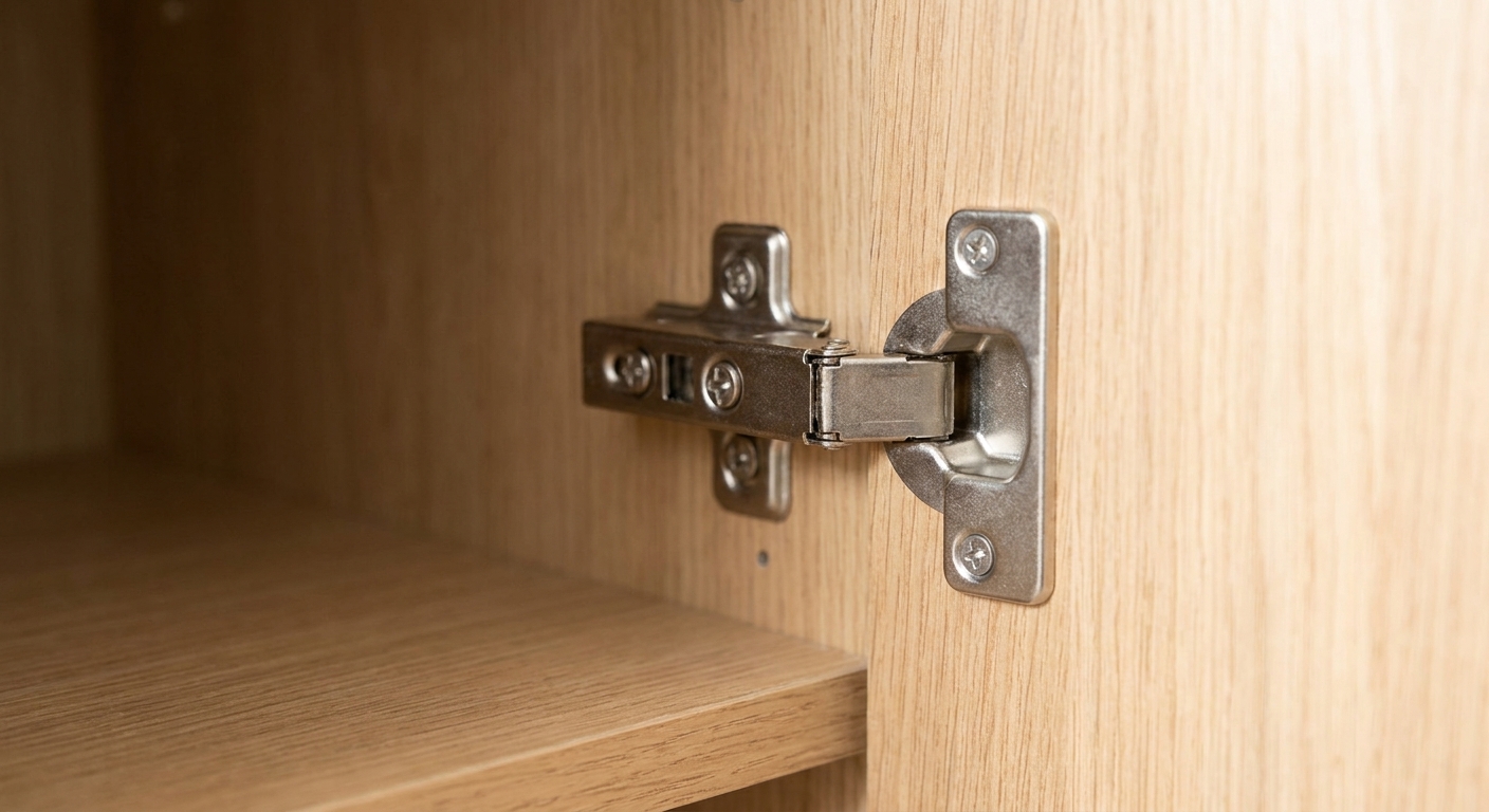 A close-up photo of a concealed European cabinet hinge inside a wood cabinet, with two adjustment screws visible on the hinge arm