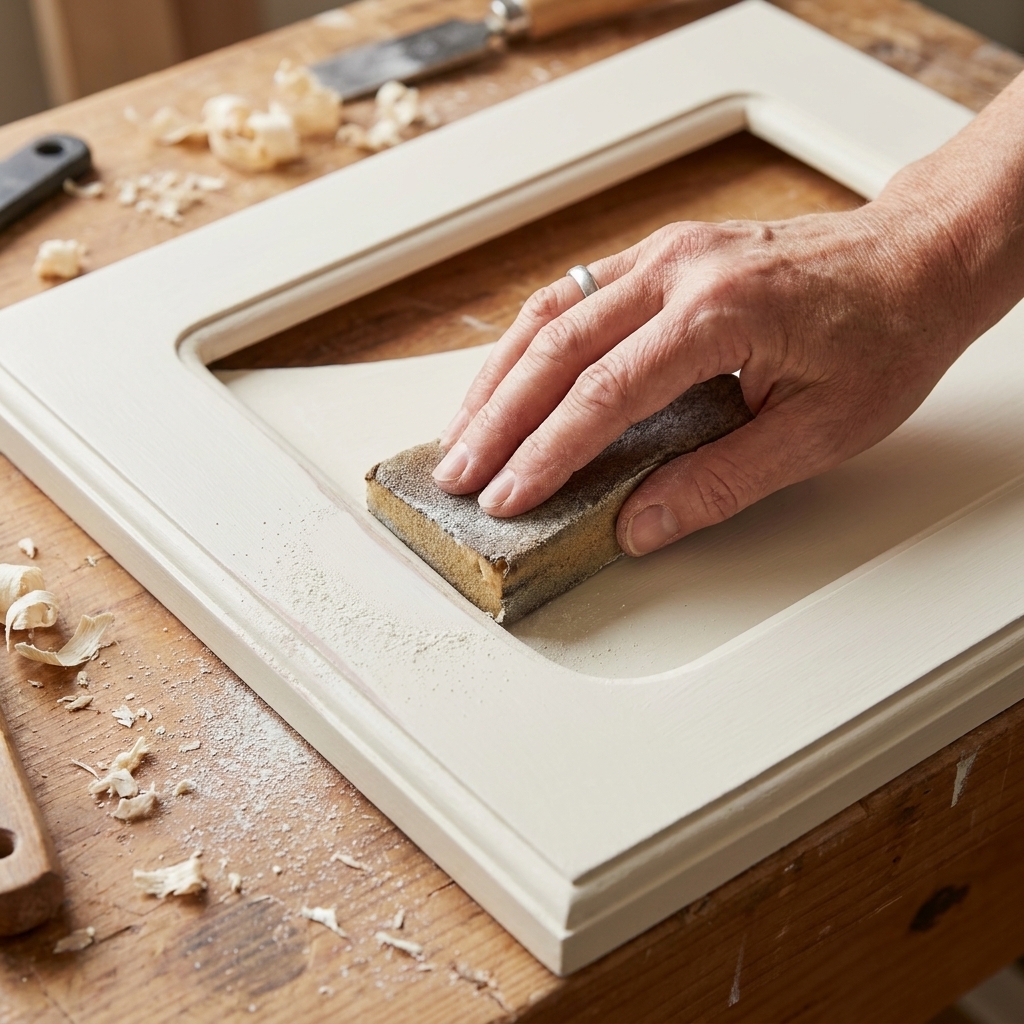 A close-up photo of a hand holding a medium-grit sanding sponge and gently sanding the curved inner profile of a painted cabinet door frame on a workbench