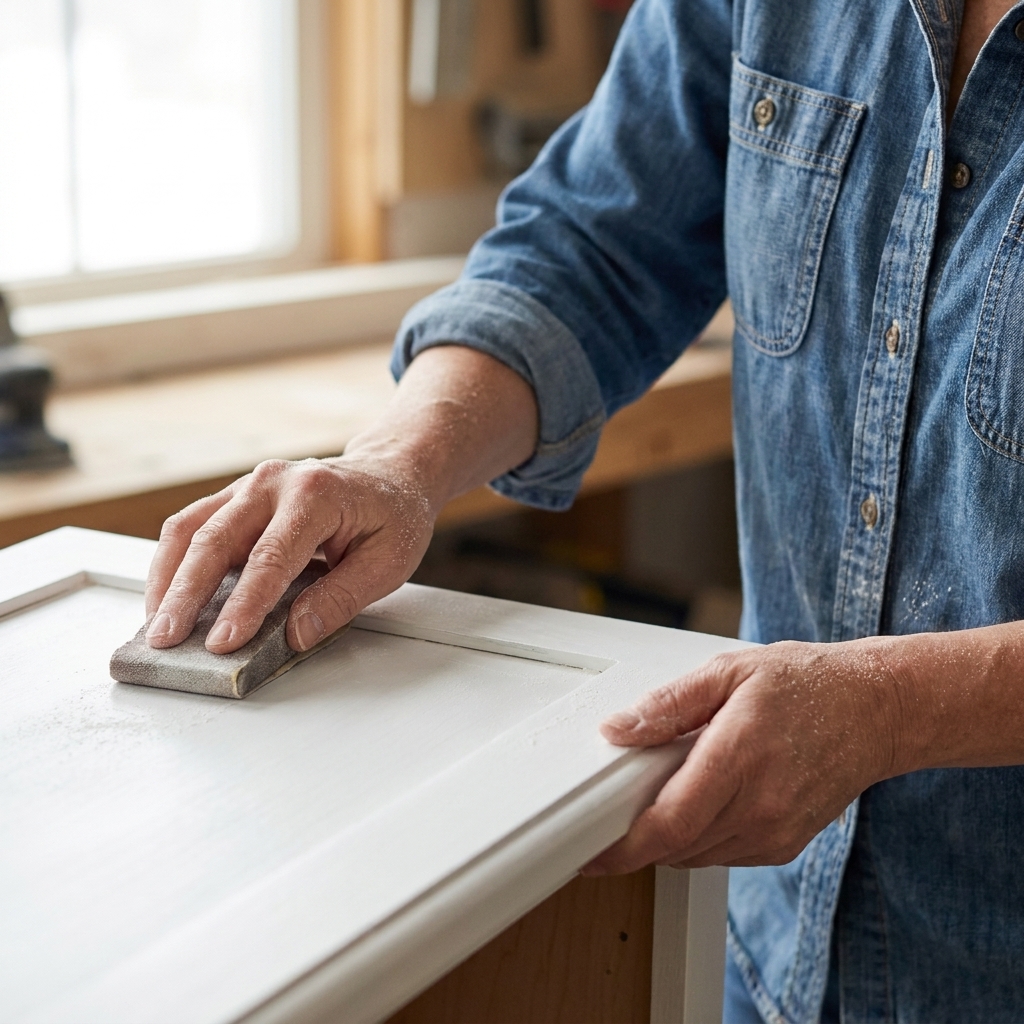 A close-up photo of a hand lightly sanding a painted cabinet door with a fine sanding sponge before applying the next clear coat, with sanding dust visible