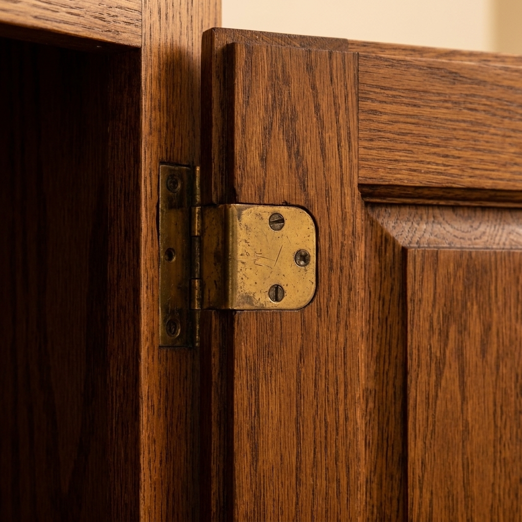 A close-up photo of an older semi-concealed brass-toned cabinet hinge mounted on a traditional wood cabinet door