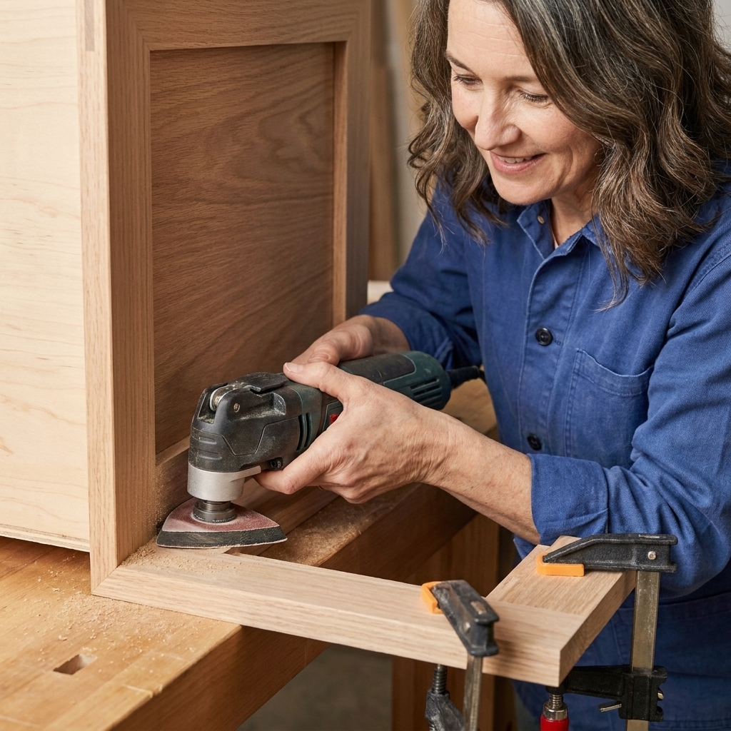 A close-up photo of an oscillating multi-tool with a triangular sanding pad being used to sand the inside corner of a cabinet door frame, with the door clamped to a workbench