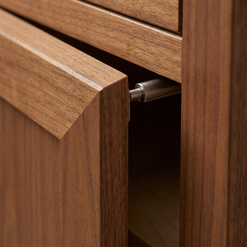 A close-up photograph of an inset cabinet door partially closed with a small soft-close damper mounted inside the frame, showing tight clearance between the door edge and frame
