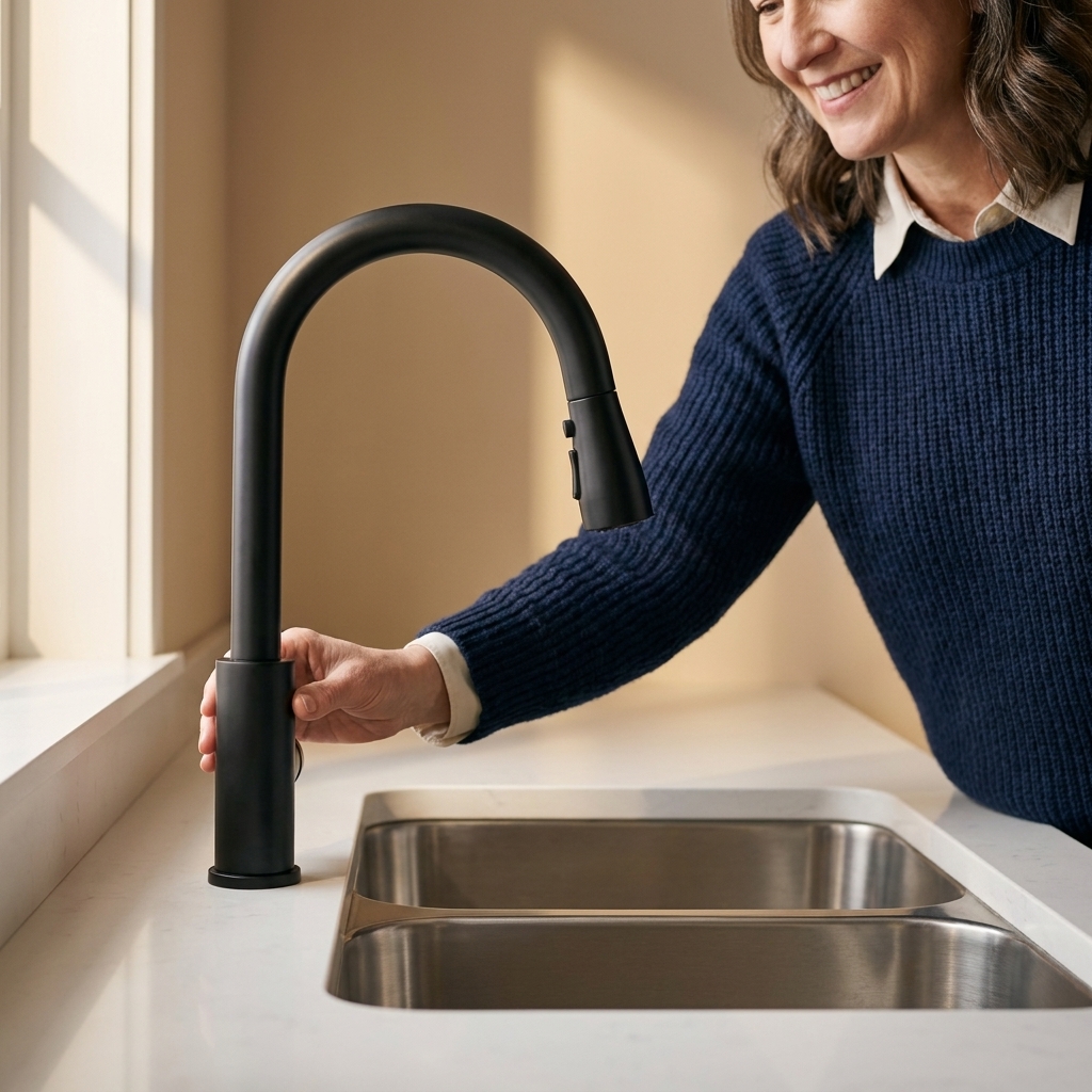 A close view of a matte black pull-down kitchen faucet over a stainless sink with simple white countertops