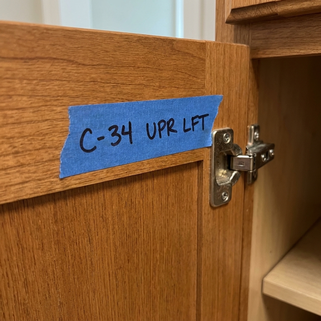 A close view of the back of a cabinet door with a piece of blue painter’s tape labeled with a clear cabinet code, placed near the hinge area