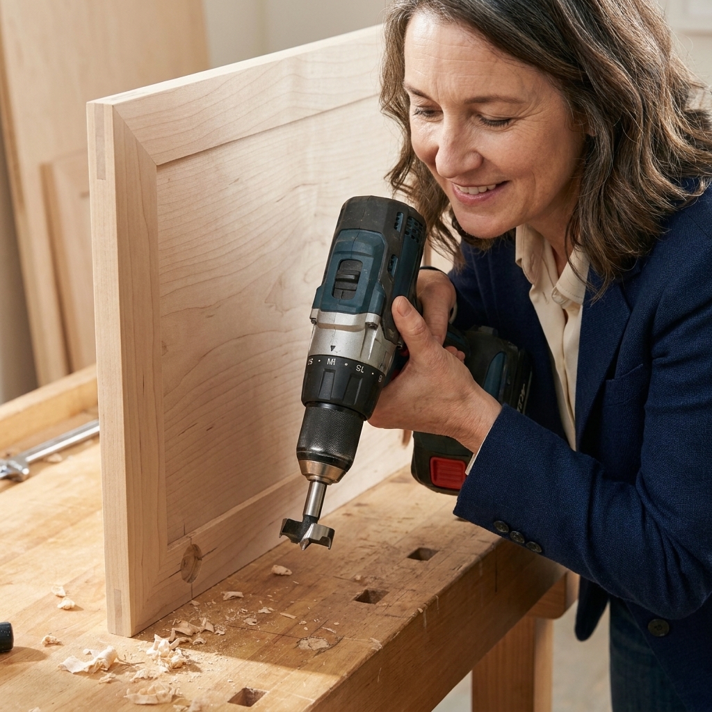 A drill fitted with a 35 mm Forstner bit positioned over a cabinet door back, ready to bore a concealed hinge cup hole