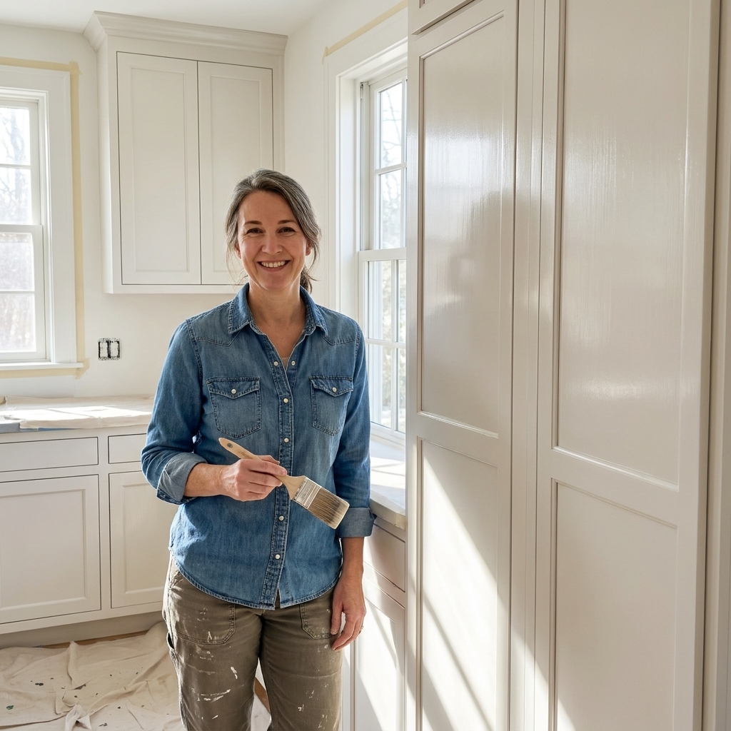 A finished kitchen with freshly painted cabinet doors in a soft white color, smooth surface sheen visible under natural window light