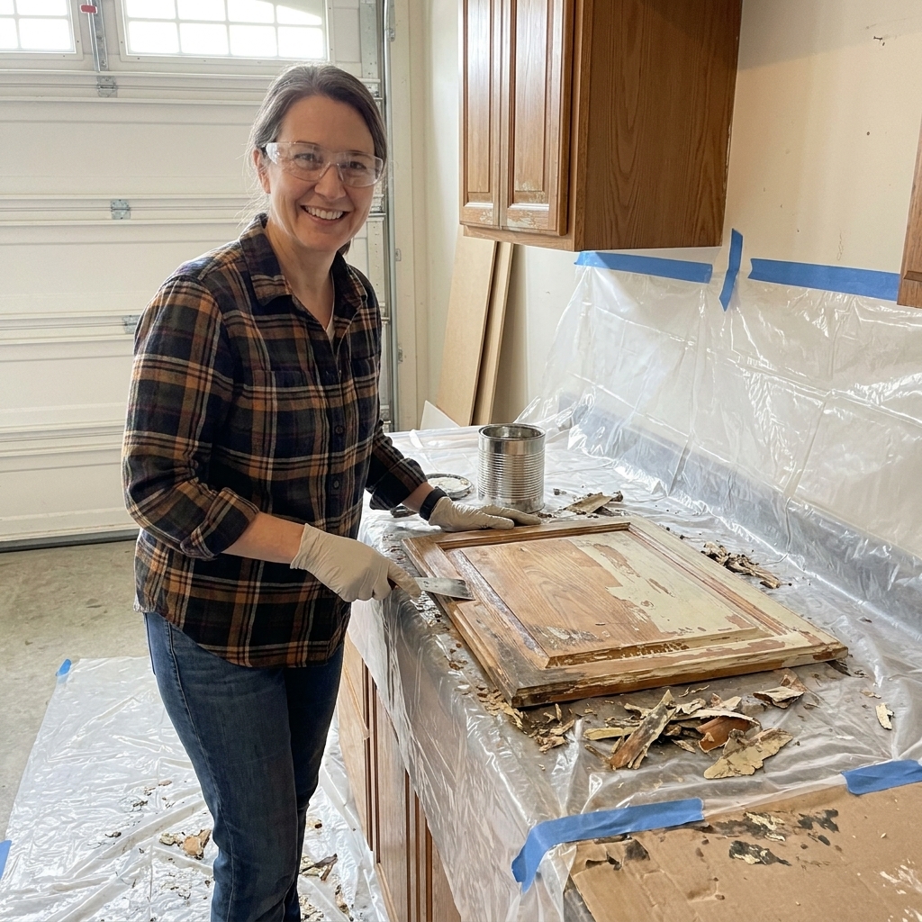A garage workbench set up for cabinet paint stripping with plastic sheeting taped down, a cabinet door lying flat, gloves, safety glasses, and a metal can for debris