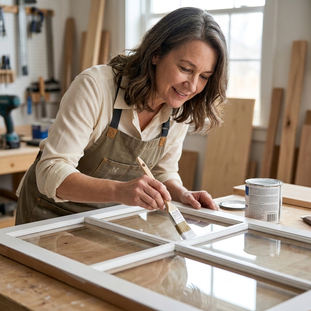 A glass-front cabinet door lying flat while a small angled brush applies primer carefully along the mullion next to the glass