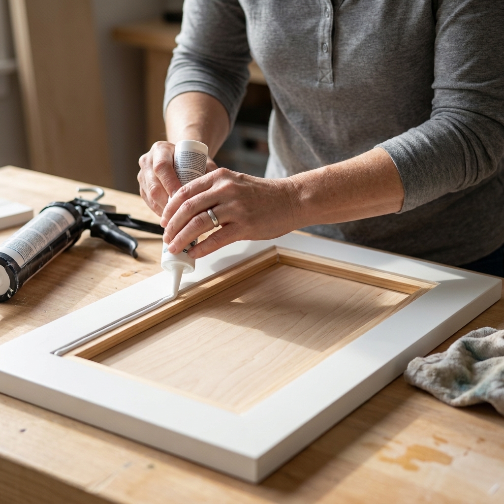 A hand applying a thin bead of caulk along the inner edge of a trim frame on a cabinet door, with the door flat on a work surface