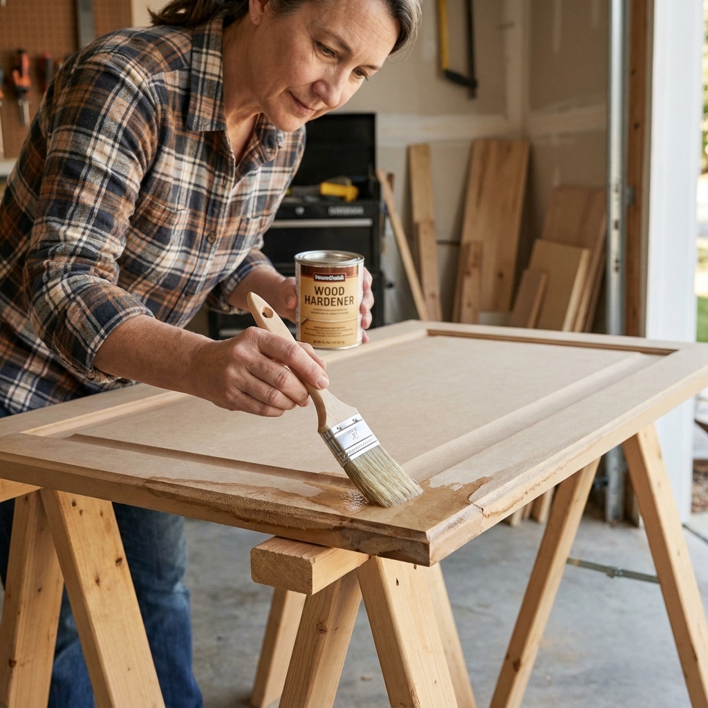 A hand brushing clear wood hardener onto a swollen MDF cabinet door edge laid flat on sawhorses