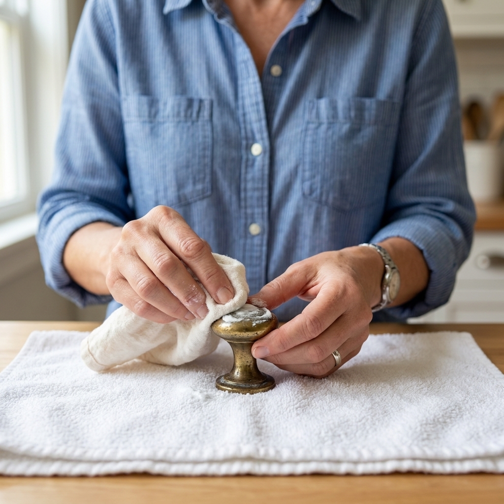 A hand gently rubbing a baking soda paste onto a vintage brass cabinet knob with a soft cloth on a towel-covered countertop