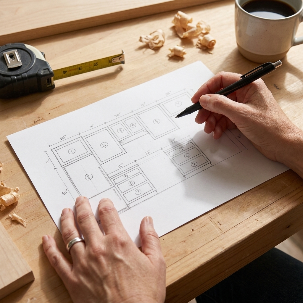 A hand holding a pen over a simple hand-drawn map of a kitchen wall with cabinet boxes sketched and numbered, sitting on a work table