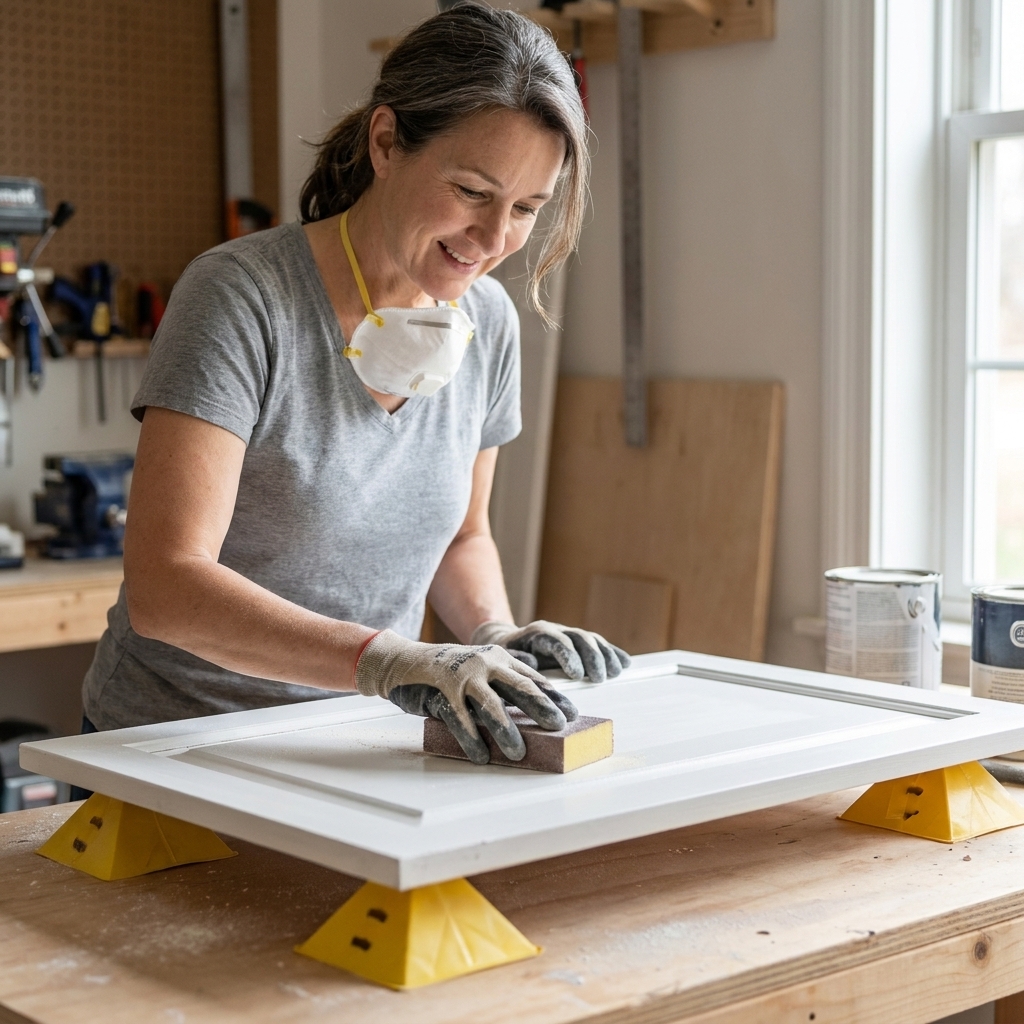 A hand lightly sanding a painted cabinet door with fine-grit sandpaper on a sanding sponge, the door resting flat on painter pyramids
