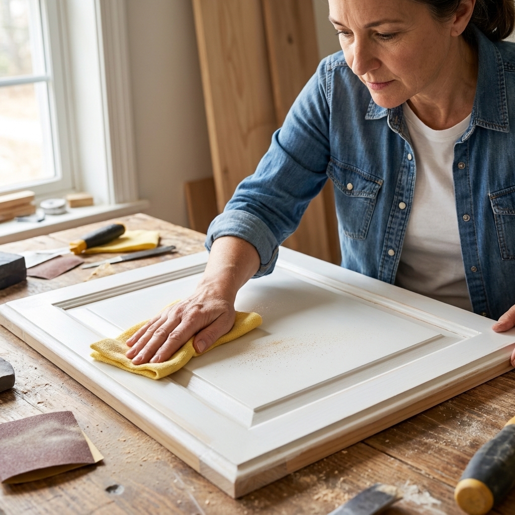 A hand lightly wiping a white cabinet door with a tack cloth on a workbench, focusing on the flat center panel
