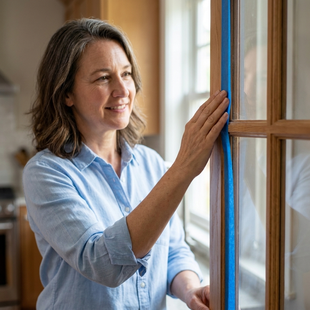 A hand pressing painter's tape firmly along a narrow cabinet door mullion right next to the glass panel