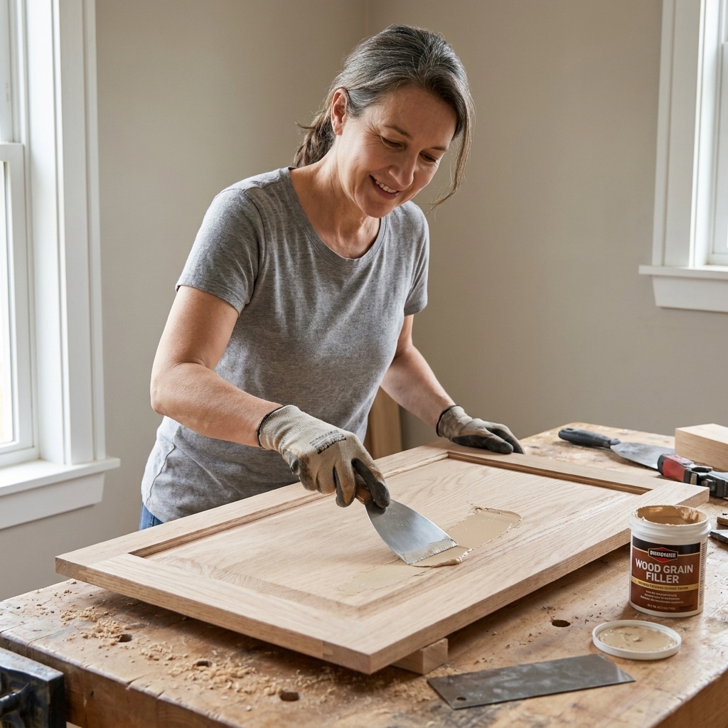 A hand using a flexible putty knife to spread wood grain filler across a sanded oak cabinet door panel on a workbench