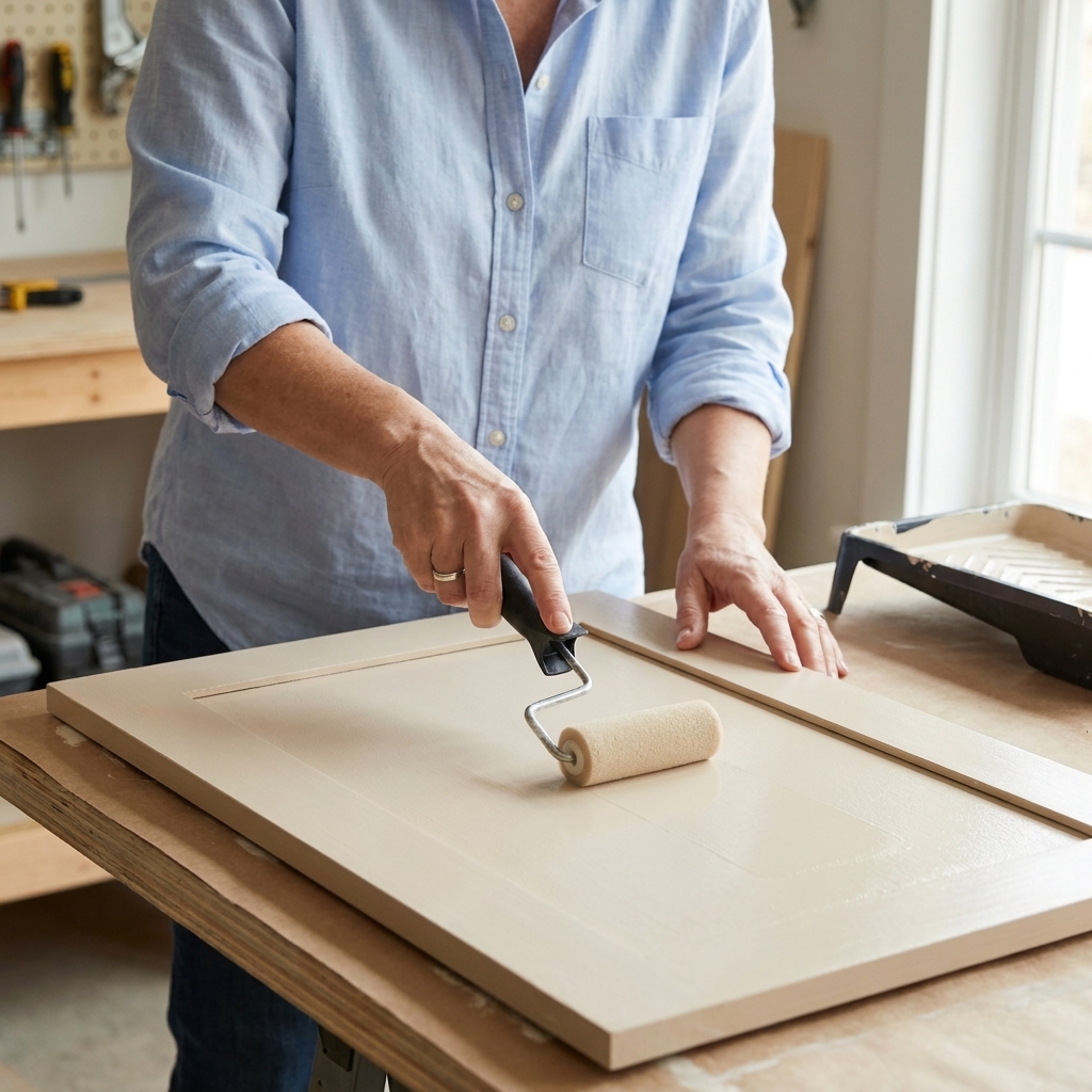A hand using a small foam or microfiber mini roller to apply paint smoothly on a flat cabinet door resting on a work surface